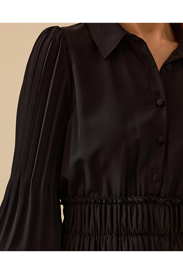 Gömlek Yaka Uzun Kollu Pliseli Elbise - 6