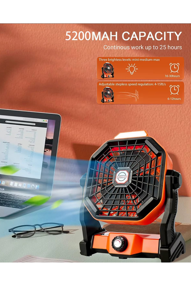 LED Işıklı Kamp Fanı, 7800MAH Taşınabilir Şarj Edilebilir FAN - 7