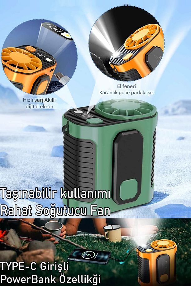 Şarjlı Ayarlanabilir Hız Kamp Ve Asmalı Işıklı TYPE-C Girişli Powerbank Vantilatör Fan Yeşil M336 - 1