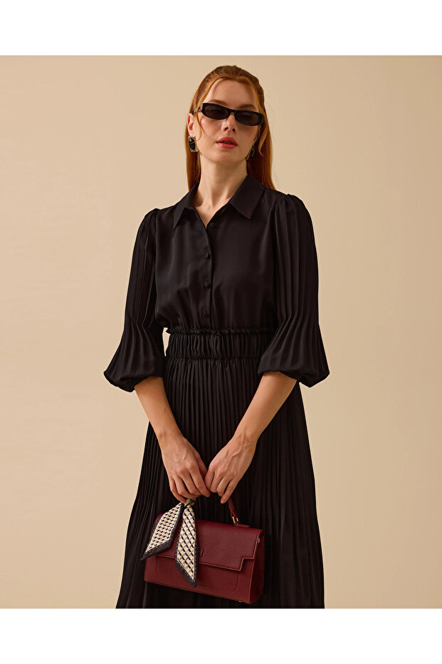 Gömlek Yaka Uzun Kollu Pliseli Elbise - 3