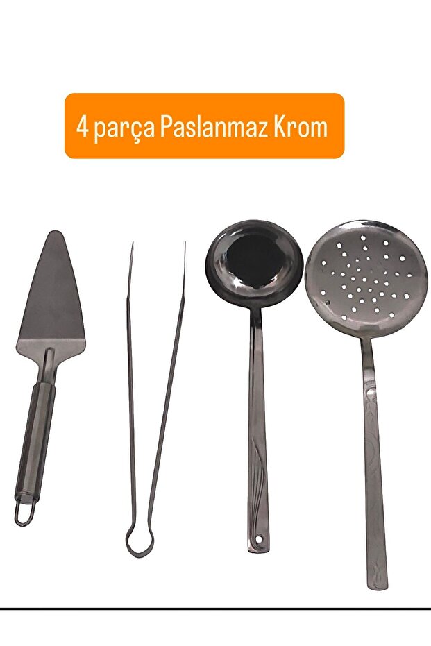 4 Piece Stainless Chrome Kitchen Serving Set (Colander, Ladle, Spatula, Tongs)