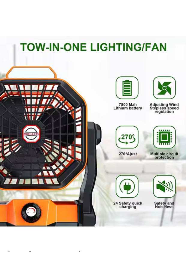 LED Işıklı Kamp Fanı, 7800MAH Taşınabilir Şarj Edilebilir FAN - 8