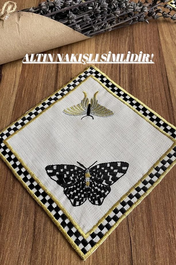 2 Adet Kelebek Desenli Keten Kumaş Üzeri Nakışlı Kahve Yanı Kokteyl Peçetesi & Bardak Altlığı - 3