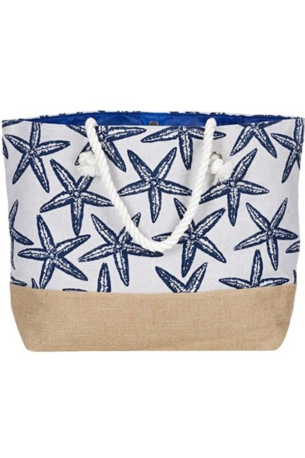 Spacious beach bag, blue starfish pattern - 3
