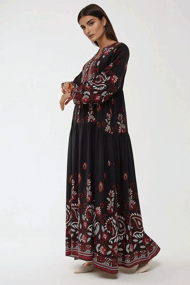 Baskılı Uzun Kol Viskon Modest Elbise - 3