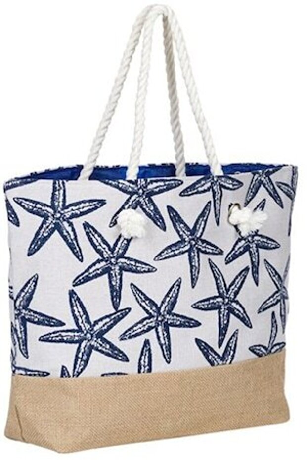 Spacious beach bag, blue starfish pattern - 1
