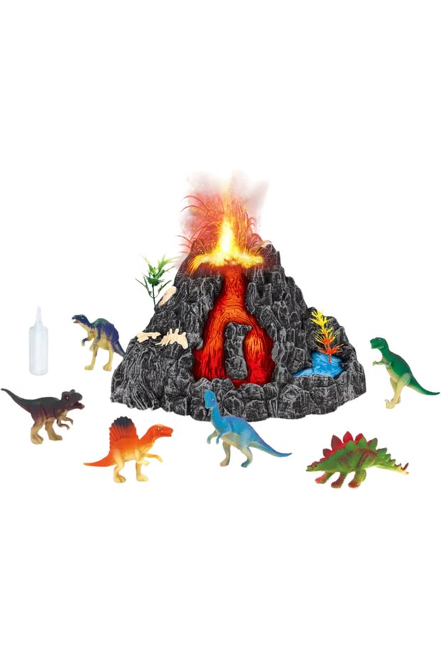 Interactive Volcano Set, 6 Dinosaurs, Steam Eruption Function, LED Lights, Realistic Sounds