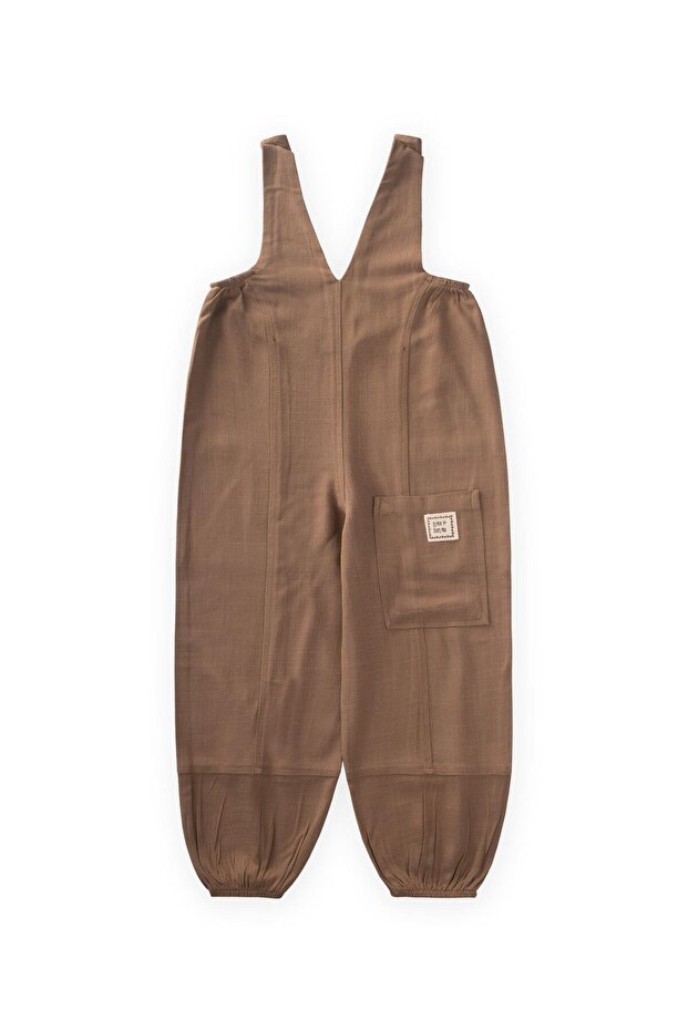 V Neck Elastic Leg Linen Salopet 2-7 Years Caramel
