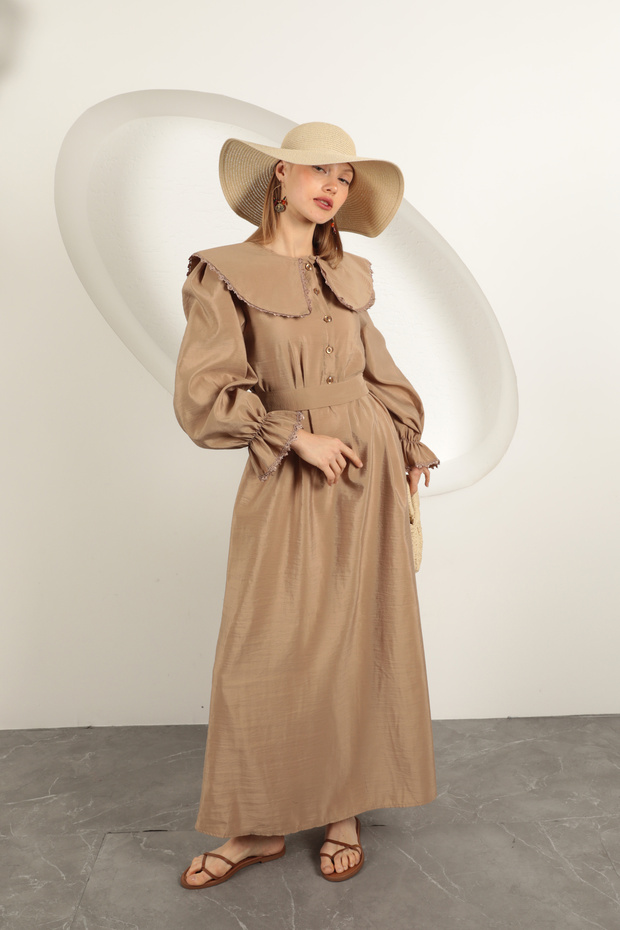 Modal Kumaş Dantelli Elbise - 5