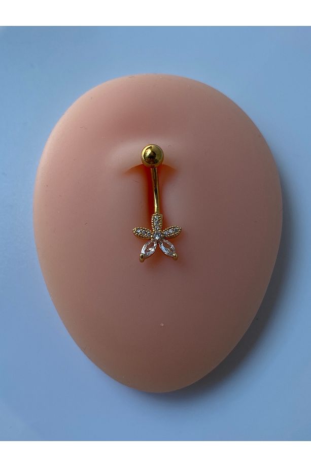 Çelik Göbek Piercing Taşlı Parlak Meksika Papatyası Çiçek Minimal Model - 2