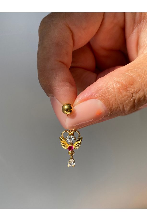 Çelik Göbek Piercing Kanatlı Kalp Melek Zirkon Taşlı Model - 3