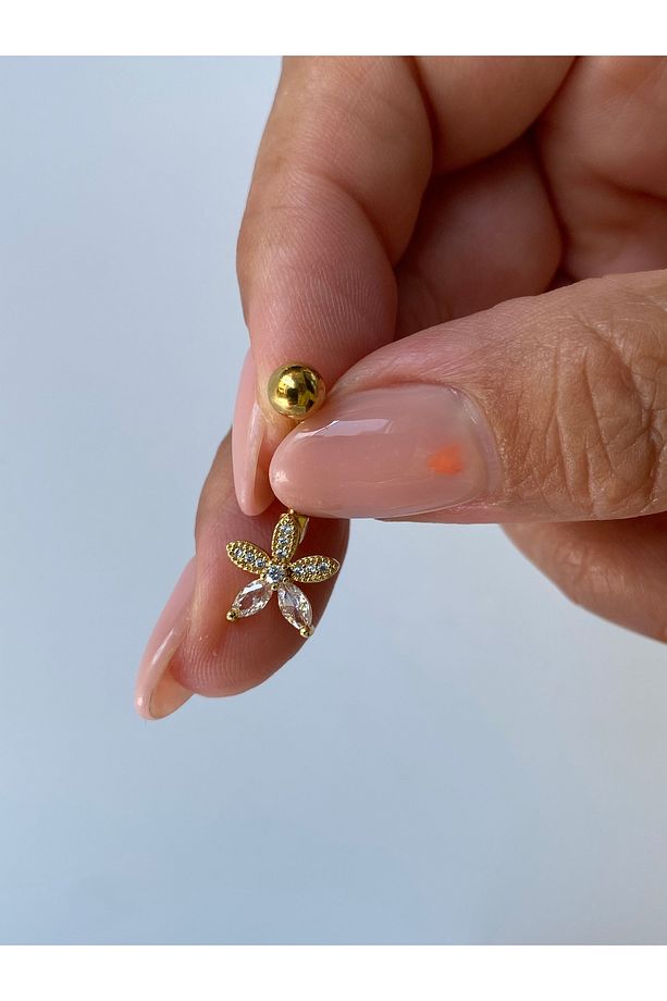 Çelik Göbek Piercing Taşlı Parlak Meksika Papatyası Çiçek Minimal Model - 6