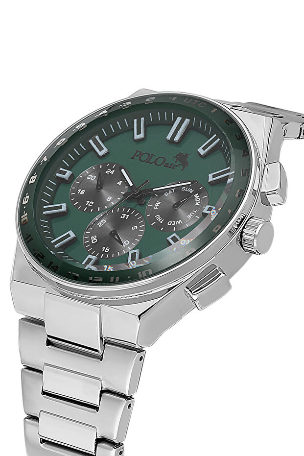 Metal Case Men Wrist Watch Silver Dark Green Color Pl-0990E4X