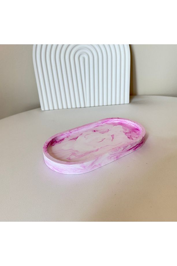 El Yapımı Pembe Mermer Desenli Oval Takı & Sunum Tabağı - 7