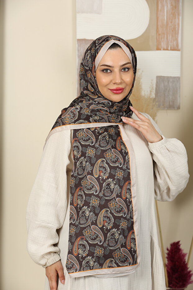 Ethnic Patterned Cotton Viscose Trend Shawl Bitter Brown