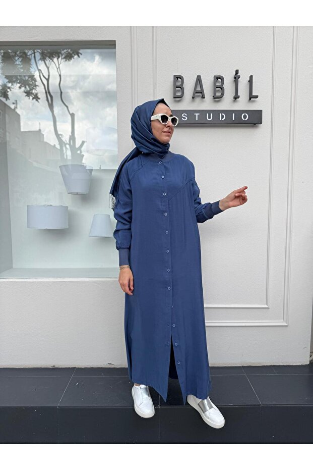 Düğmeli Basic Kadın Kap Indigo - 2