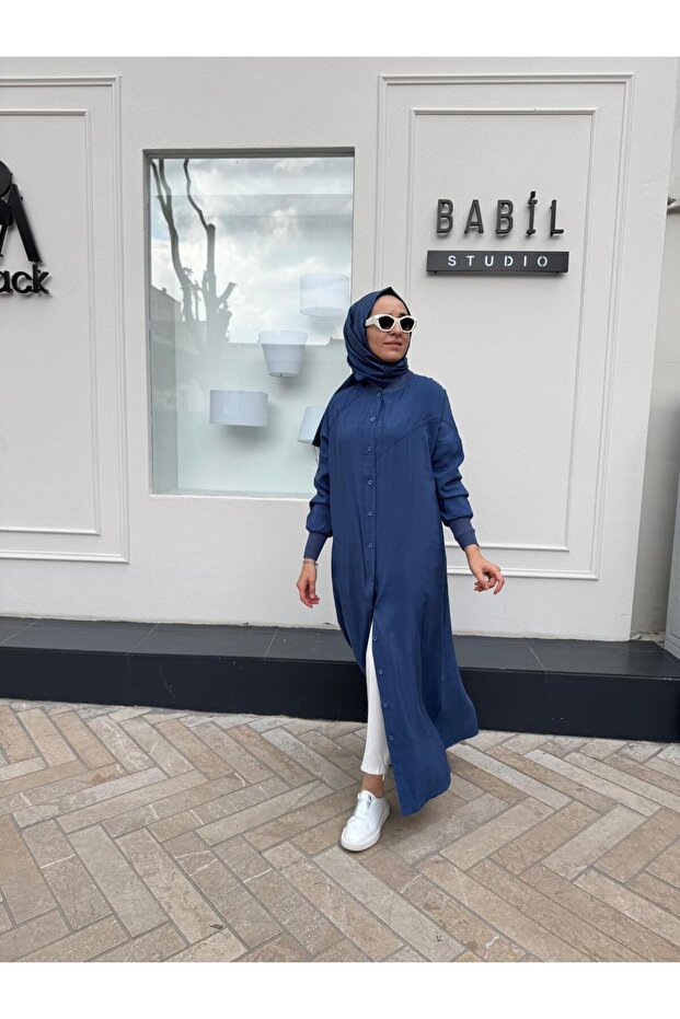 Düğmeli Basic Kadın Kap Indigo - 3