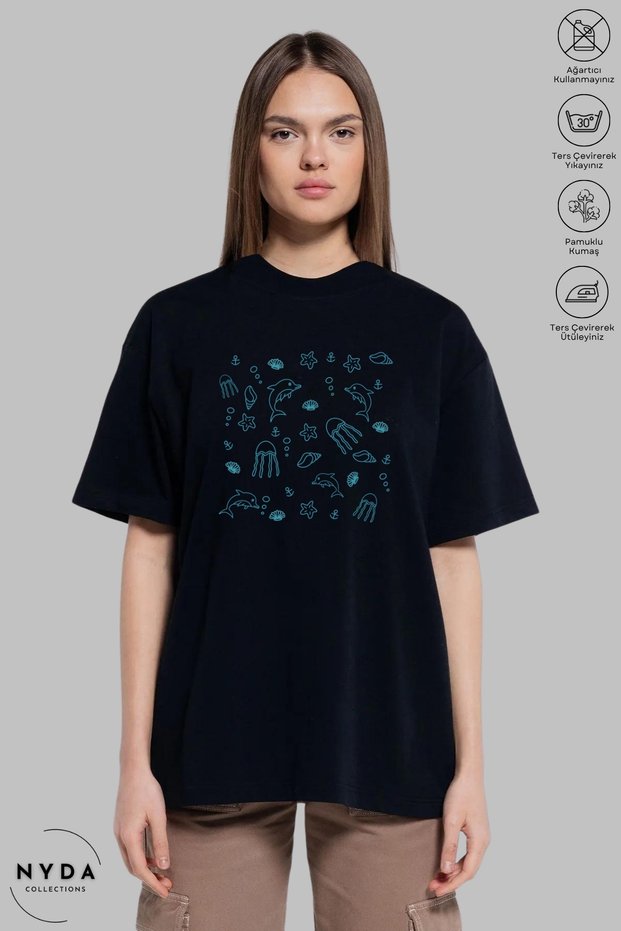 Women's Crew Neck Sea Creatures Printed Cotton Oversize Short Sleeve T-Shirt