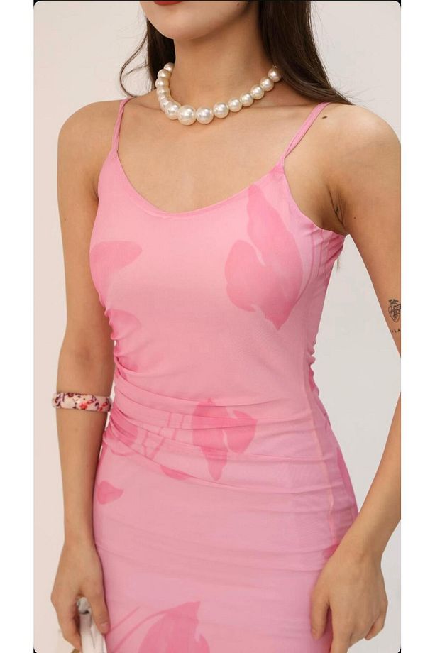 Zr Model Pembe Çiçek Desenli Askılı Midi Elbise - 2