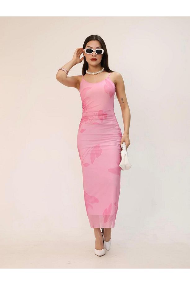 Zr Model Pembe Çiçek Desenli Askılı Midi Elbise - 1