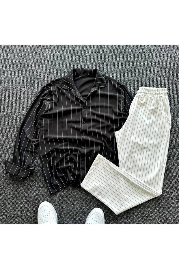 Crepe Fabric Striped Shirt Pants Set