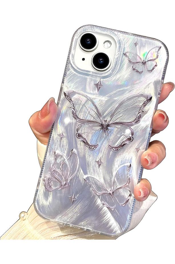 Apple iPhone 14 Plus - 15 Plus Kılıf Parlak Hologramlı Kelebek Desenli Darbe Emici Kamera Korumalı - 1