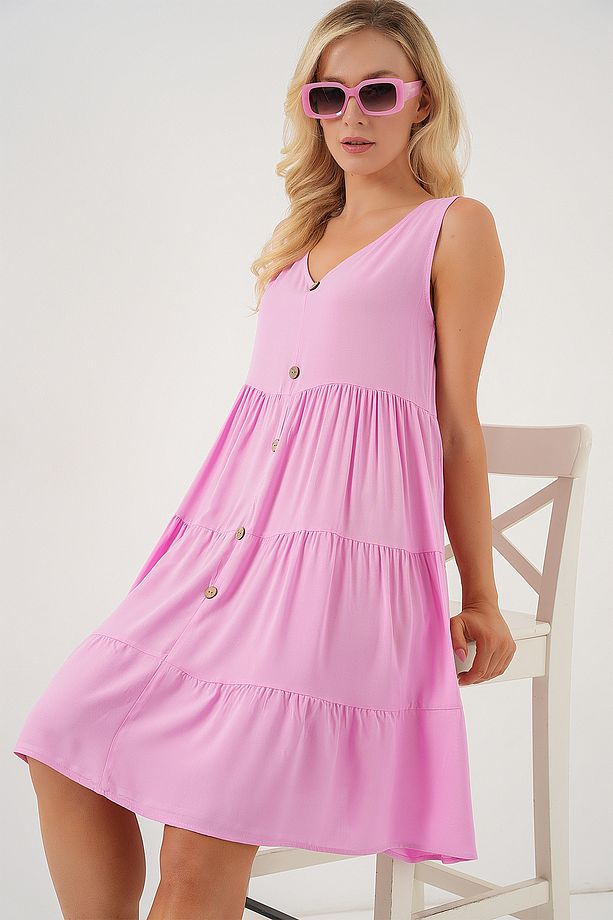 Kadın Sıfır Kol Düğmeli Kısa Elbise 2571 - Pembe - 3