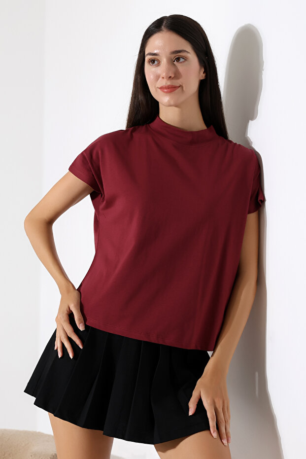 Stand Collar Cotton T-Shirt 19588 Bordo