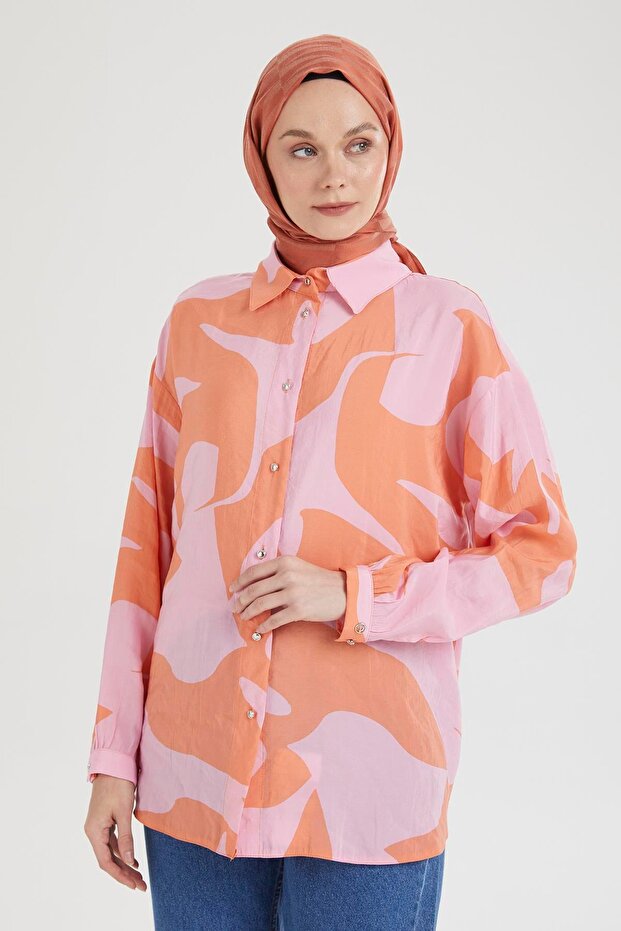 Gömlek Yaka Düğmeli Basic Tunik-Pembe 25YT487 - 4