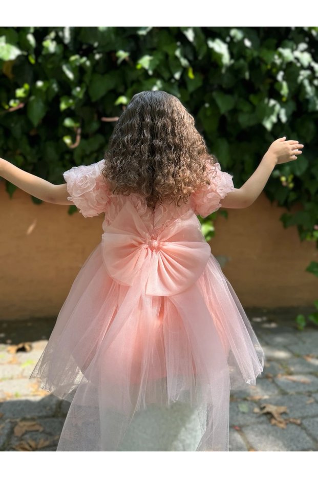 Baby Girl Short Sleeve Long Bow Birthday Party Wedding Special Occasion Evening Dress Girl's Dress
