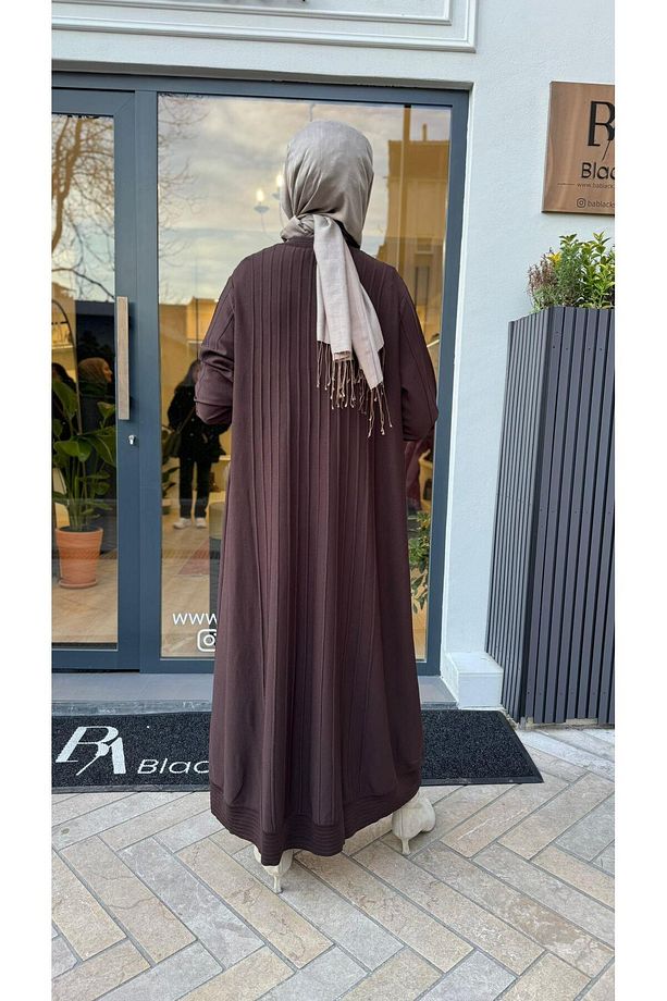 Nervürlü Triko Kadın Hırka Kahve - 5