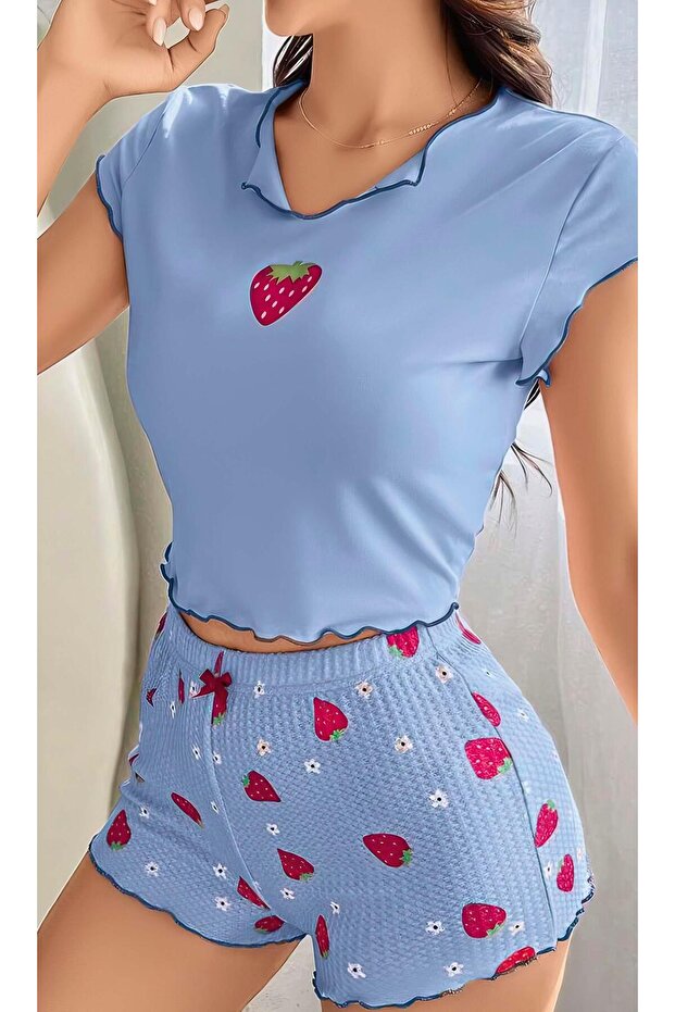 Mavi Çilek Desenli Şortlu Crop Üst Pijama Takımı - 1