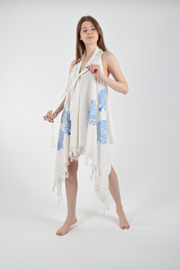 Asymmetrical Viscon Bell Vest Ethnic Blue Tree Pattern Cotton Beach Clothing 1 Piece Pareo Beachwear
