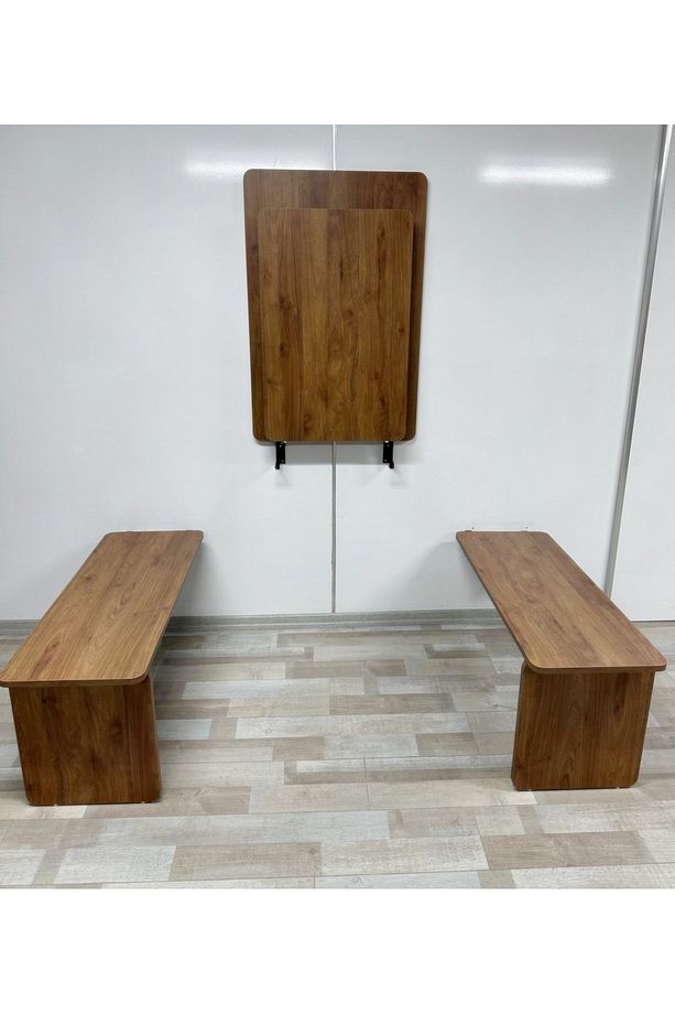 Duvara Monte MDF TABLA Ceviz Katlanabilir Dekoratif 2 Tabureli Pratik Yemek Mutfak Balkon Masası - 4
