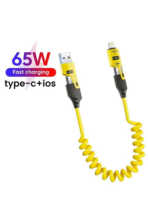 4in1 PD 65 Watt Type-C/27 Watt iPhone Spiral Kablo Kırılmaz Uç 1.5 Metre Hızlı Şarj ve Data Kablosu - 6