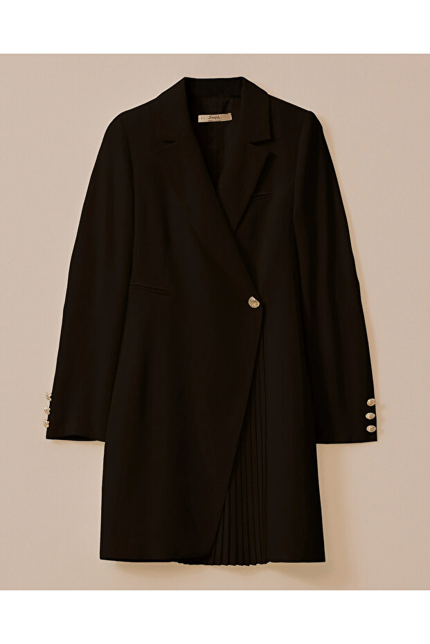 Pile Detaylı Tek Düğmeli Uzun Ceket - 6