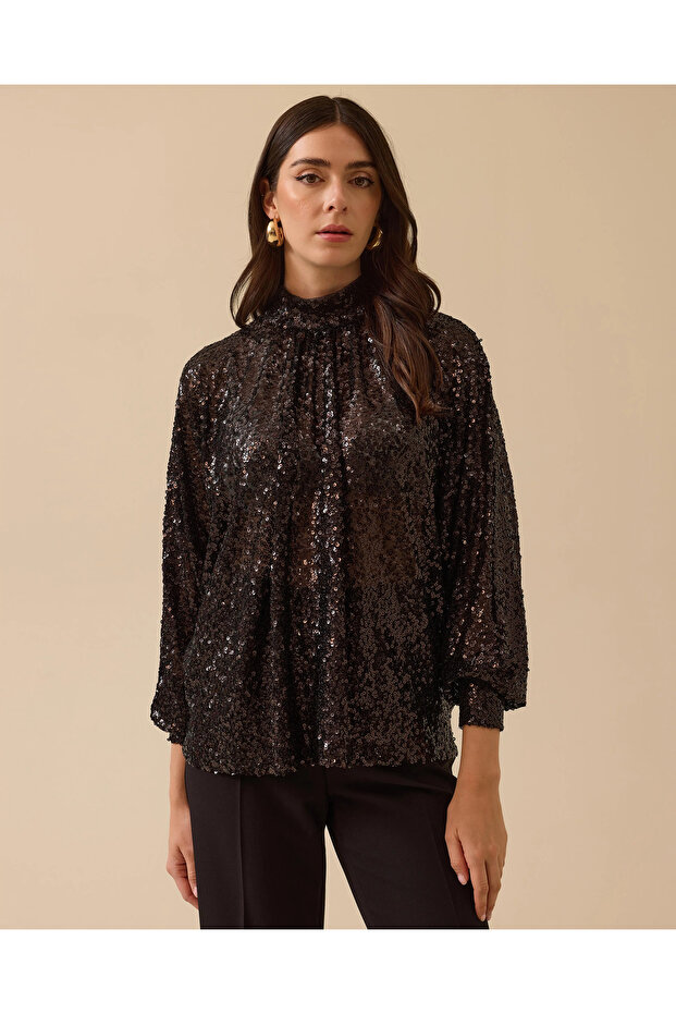 Dik Yaka Transparan Payetli Bluz - 1