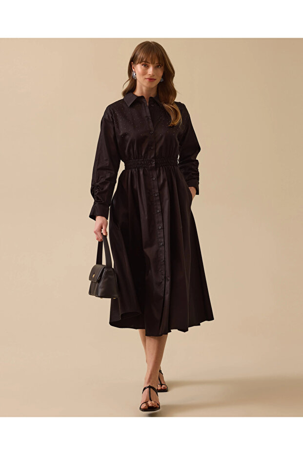 Taş Detaylı Elastik Bel Düğmeli Elbise - 1