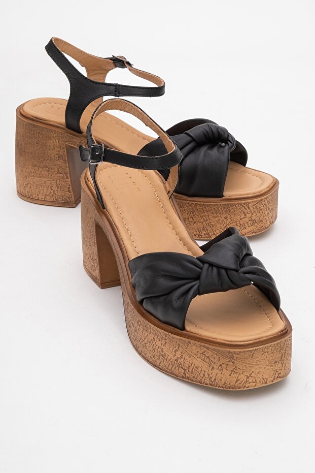 Tily Black Skin Genuine Leather Women's Platform Heeled Sandals