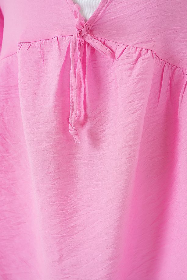 Kadın Önü Bağcıklı Kısa Kol Bluz 962 - Pembe - 5