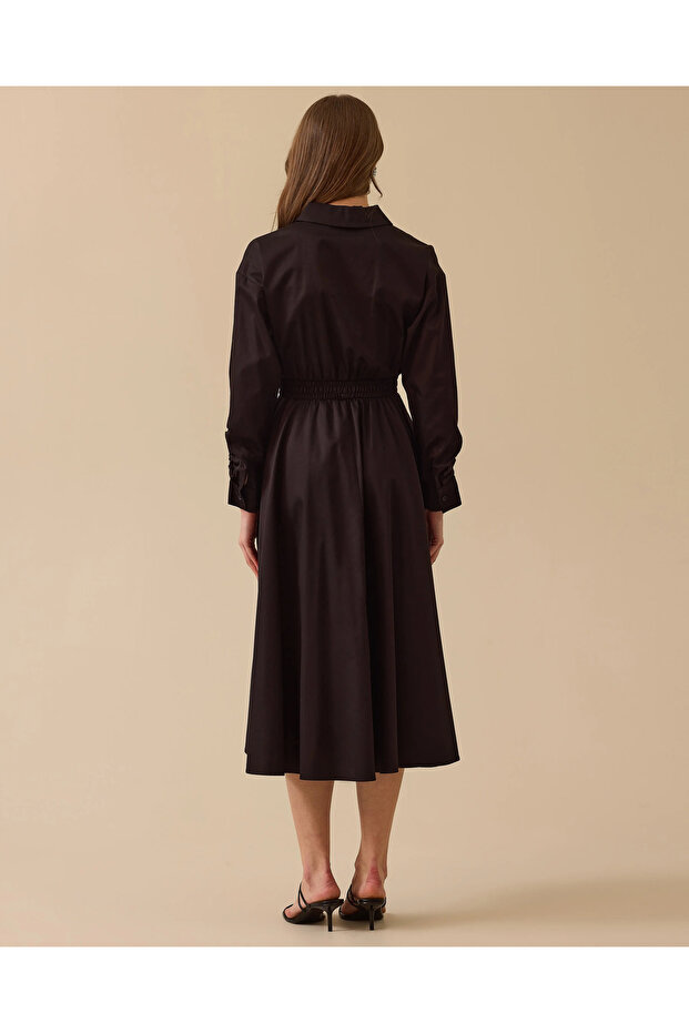 Taş Detaylı Elastik Bel Düğmeli Elbise - 4