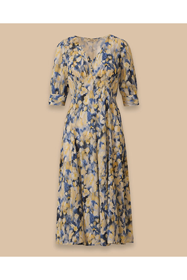 V Yaka Desenli Elbise - 6