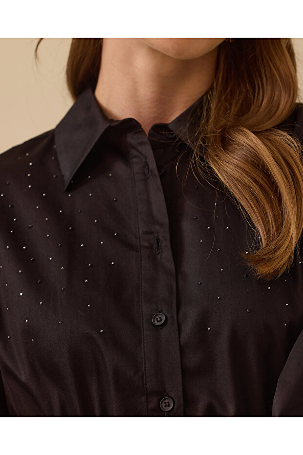 Taş Detaylı Elastik Bel Düğmeli Elbise - 5