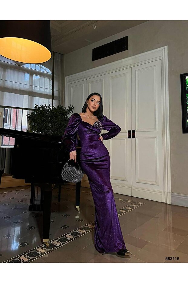 Single Breasted Stone Glitter Velvet Evening Dress Purple 583116