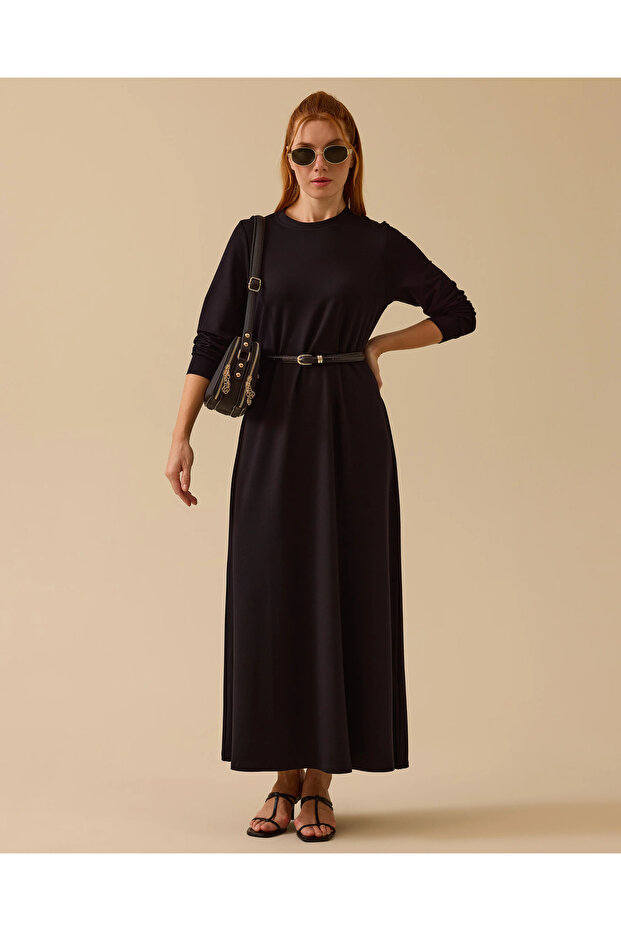 Sıfır Yaka Basic Uzun Elbise - 1