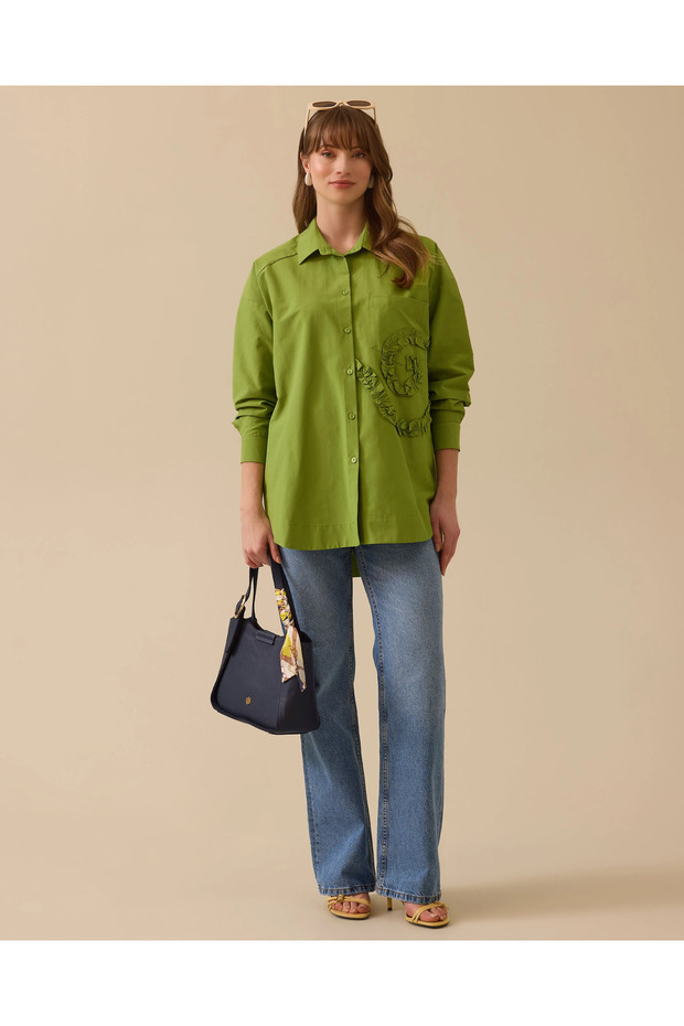 Fırfır Detaylı Düğmeli Oversize Gömlek - 1