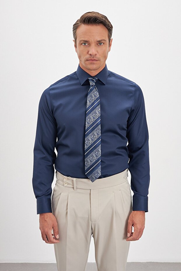 Iron-Free 100% Cotton Non Iron Classic Collar Satin Navy Blue Men's Shirt