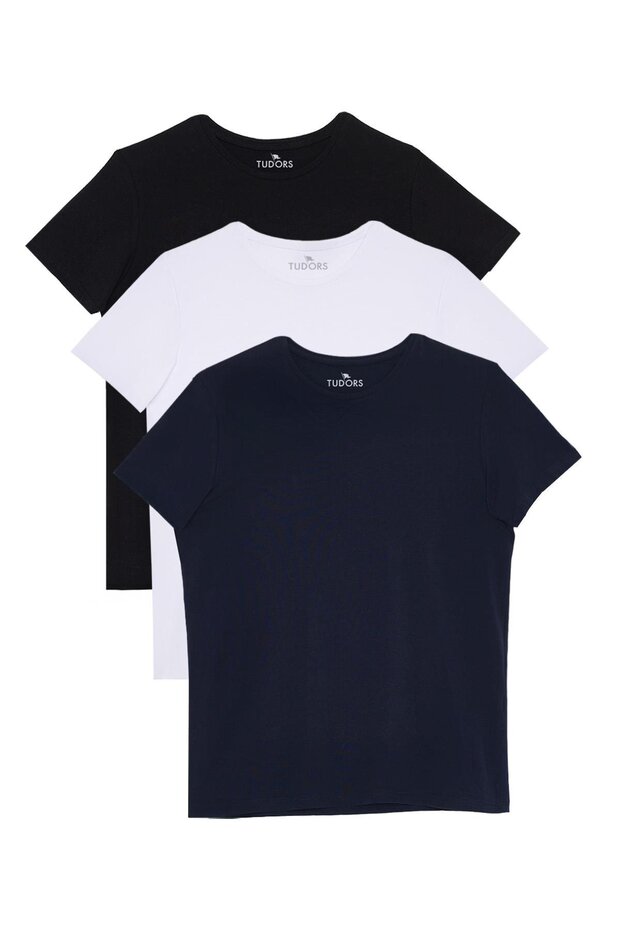 Tudors Unisex 3'lü Paket Siyah-Beyaz-Lacivert Slim Fit Dar Kesim %100 Pamuk Bisiklet Yaka Tişört