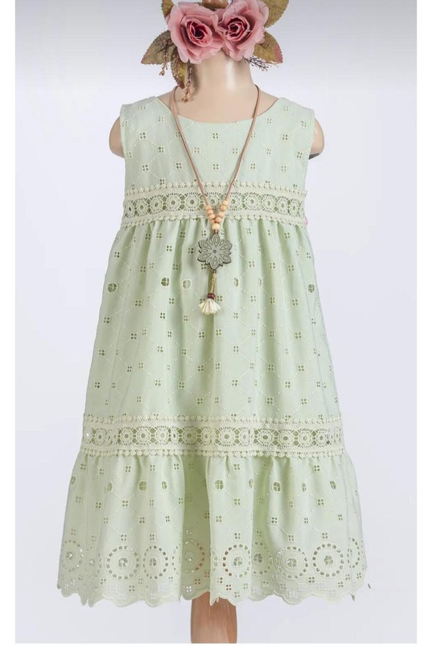 Lacy Detailed Square Pattern Short Sleeve Girls Dress - with Necklace -Green