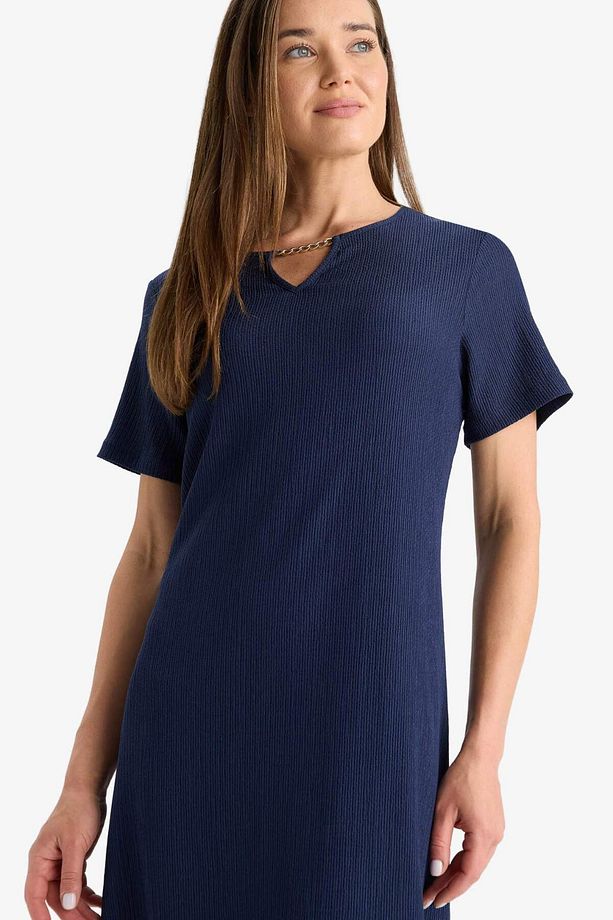 Regular Fit Apaş Yaka Basic Düz Bürümcük Kısa Kollu Midi Elbise D3834AX25SM - 3